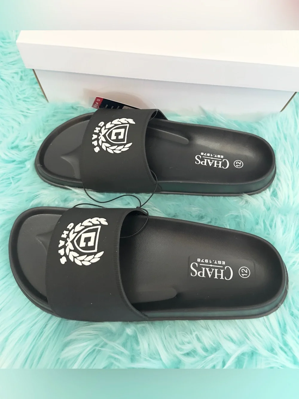Black Slide Men’s Sandals with White Crest Chaps Logo Sz 12 NEW!